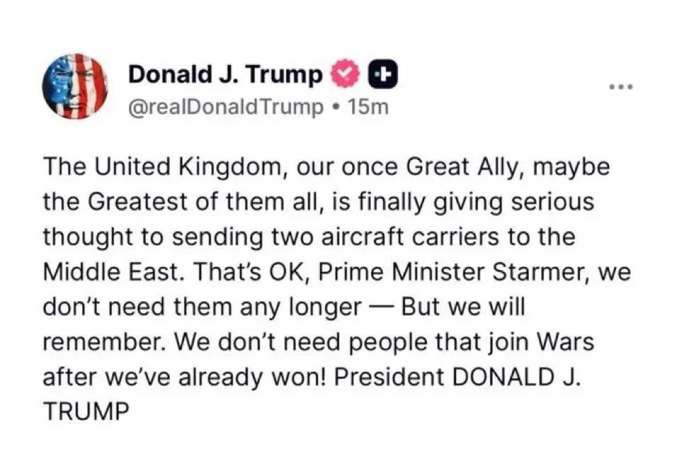 Comedy Gold 
Trump to the UK, 6/3/26: "We don't need them ( British Ships) any longer... We don't need people to join wars after we've already won!"

Trump six days later: Publicly begs the UK to send warships.

Total embarrassing slob