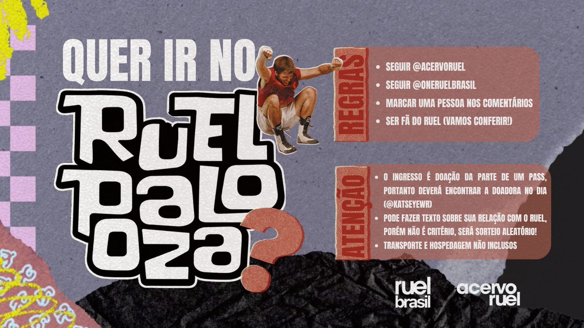 TENHA CHANCE DE IR AO RUELPALOOZA!!

O acervo irá sortear um ingresso para quem quiser viver a experiência de ouvir suas músicas preferidas do ruel ao vivo

Para participar é simples
- Seguir o <a href="/acervoruel/">acervo ruel</a> e <a href="/OneRuelBrasil/">Ruel Brasil</a> 
– Marcar uma pessoas nos comentários 
– SER FÃ DO RUEL!!