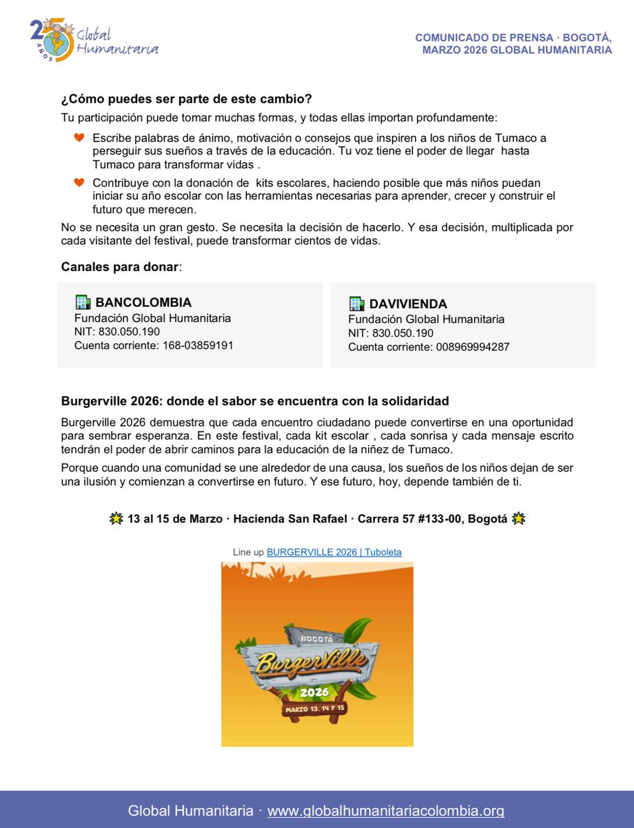 #Comunicado 🗞️Este viernes se dio inicio al festival más solidario de hamburguesas en la ciudad: Burgerville 2026 🍔. Este es un festival que une gastronomía y solidaridad para apoyar el regreso a clases de niños y niñas de Tumaco.

Gracias a la alianza entre Global Humanitaria y