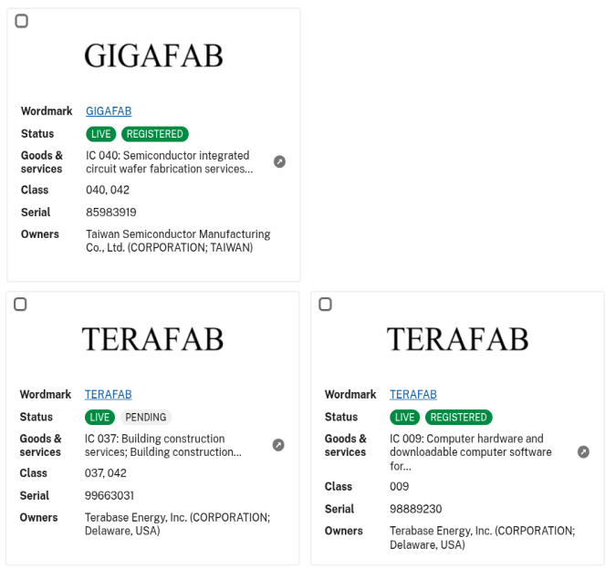 lithos_graphein's tweet image. Terabase Energy Inc. may be blocking the TERAFAB trademark from Tesla &amp;amp; TSMC. It covers computer hardware and factory automation.