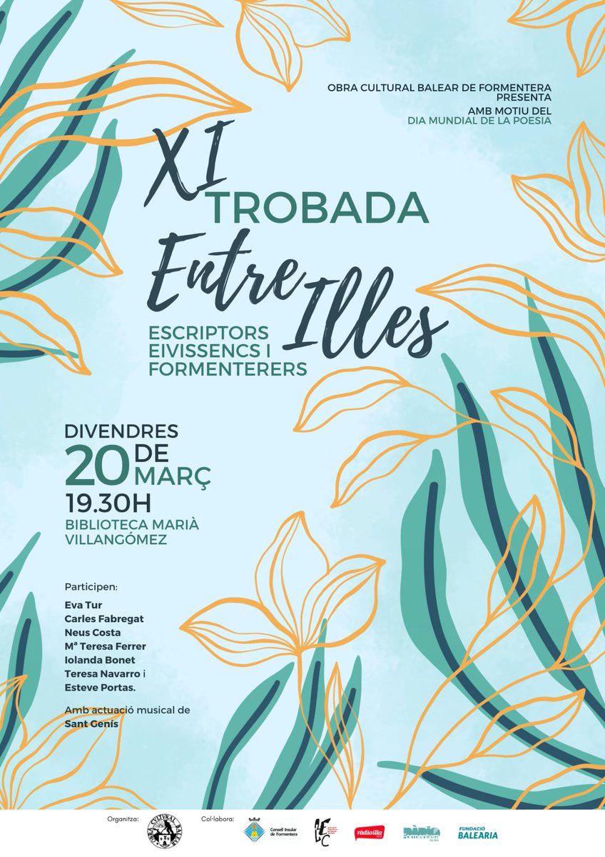 OCBFormentera's tweet photo. Divendres dia 20 de març tendrà lloc la "XI Trobada Entre Illes: Escriptors Eivissencs i Formenterers" amb motiu del Dia Mundial de la Poesia, a les 19:30 a la Biblioteca Marià Villangómez. Us hi esperam! https://t.co/CLcafFnDmy