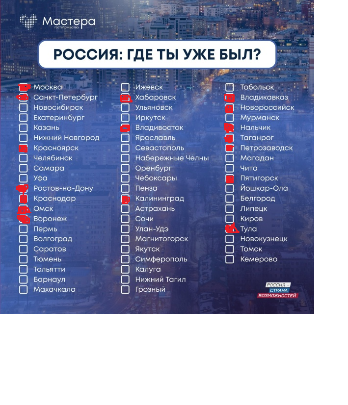 Круто,старик!Но я отметил те города,в которых конкретно был и не отметил те,в которых останавливался поезд или делал промежуточную посадку самолет(Вильнюс 20 раз на поезде проезжал,но я в нем не был)Всего у меня 50 городов  бывшего СССР,Европы и Африки.А где же наш Архангельск?😞