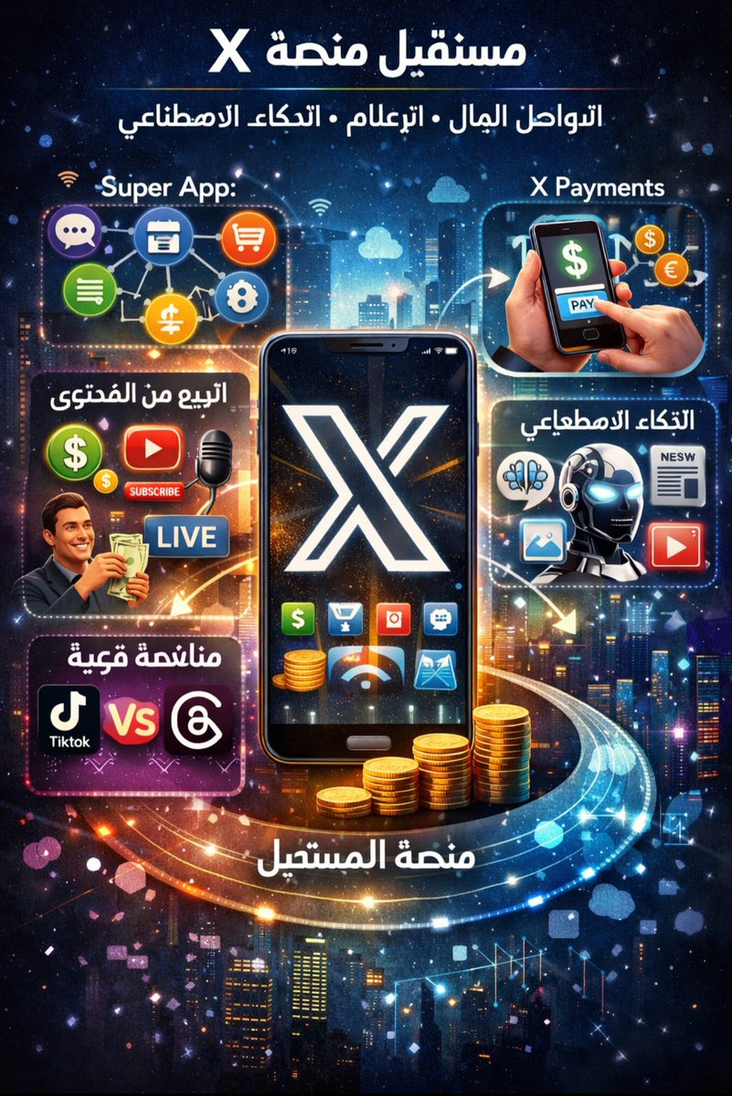 نصيحة لكل المشتركين 
وثقوا حساباتكم في المنصة 
 X 
ليست منصة تواصل اجتماعي فقط 
انها تنمو كعملاق في عالم التكنلوجيا اليوم 
إذا نجحت خطط إيلون ماسك، فقد تتحول X خلال 5–10 سنوات إلى منصة ضخمة تجمع التواصل + المال + الإعلام + الذكاء الاصطناعي.