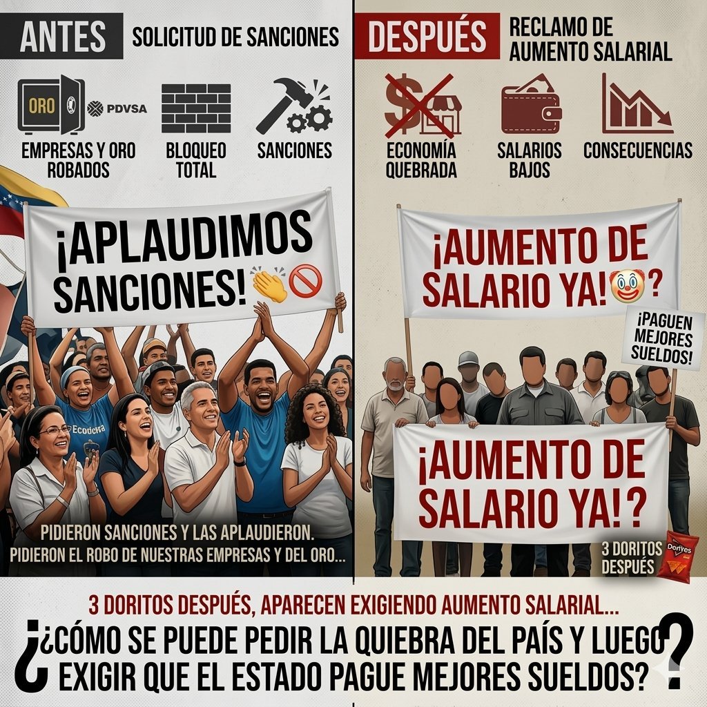Los mismos imbeciles que pidieron Sanciones, bombardeo y Bloqueo contra Venezuela, son los que aparecen ahora pidiendo aumentos y reivindicaciones que ellos mismos negaron a los trabajadores...Así de idiotas y farsantes son.