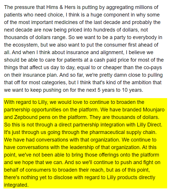 C4orCalvin's tweet photo. A story in 3 parts...
5/5/2025 Q1 $HIMS Earnings Call: "Looking to Partner with Lilly"
6/10/2025 $LLY Bloomberg Article: "We're not going to partner with telehealth firms that sell compounded versions of GLP-1s"
3/9/2026 $HIMS: "We're no longer going to advertise GLP-1 offerings and existing patients will have the opportunity to transition to FDA-approved medicines"