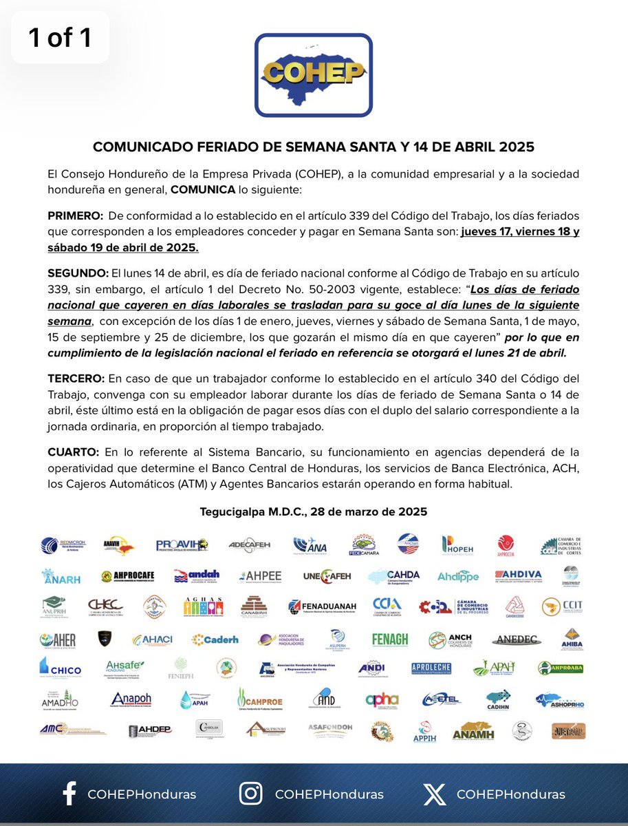 KafatiAlejandro's tweet photo. @saraiespinal Hola Diputada, el feriado quedo igual que en años anteriores. Le comparto el comunciado referente a la Semana Santa 2025 del COHEP. De igual form, le dejo el enlace donde lo puede consultar: https://t.co/SfKW4ac16Y https://t.co/q2tpGNWR80