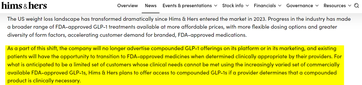 A story in 3 parts...
5/5/2025 Q1 $HIMS Earnings Call: "Looking to Partner with Lilly"
6/10/2025 $LLY Bloomberg Article: "We're not going to partner with telehealth firms that sell compounded versions of GLP-1s"
3/9/2026 $HIMS: "We're no longer going to advertise GLP-1 offerings