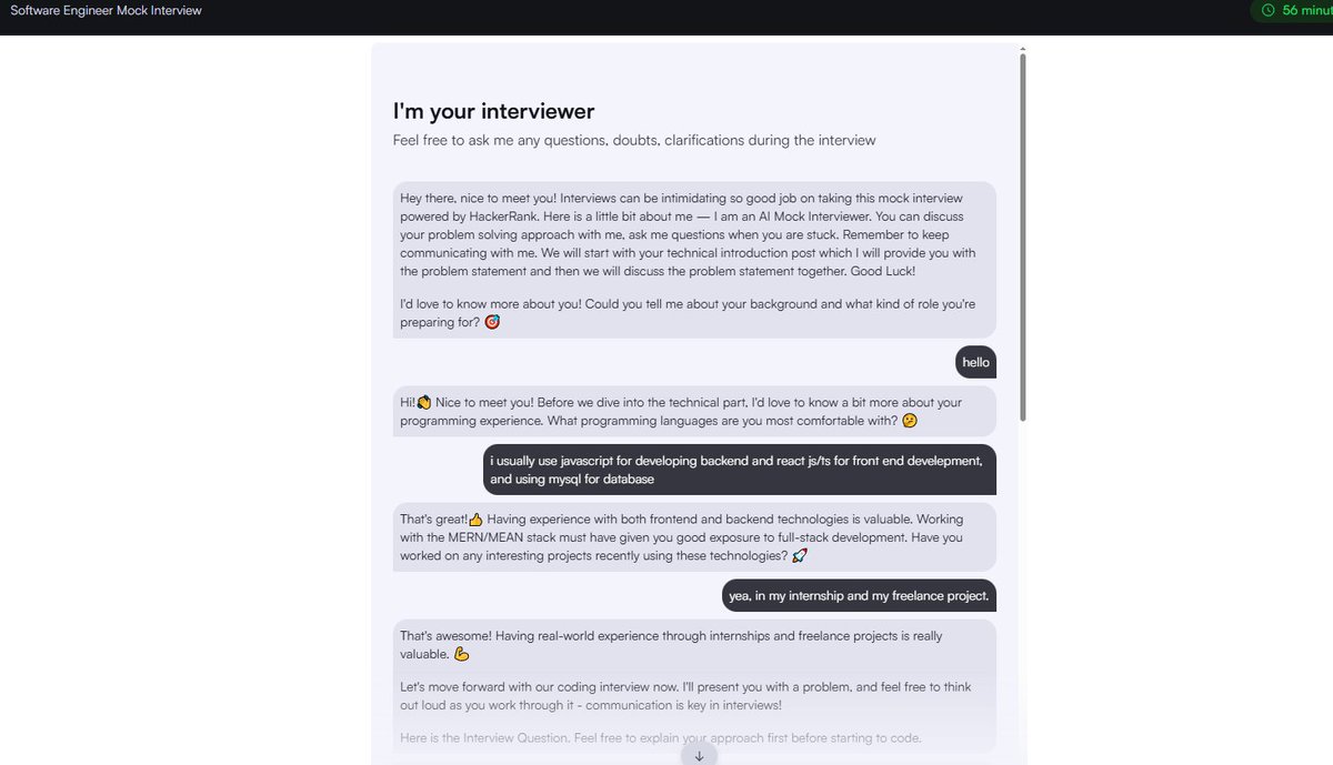 atyanajg's tweet photo. practicing software engineering mock interview with hackerrank was so fun haha https://t.co/f4G83WfLCO