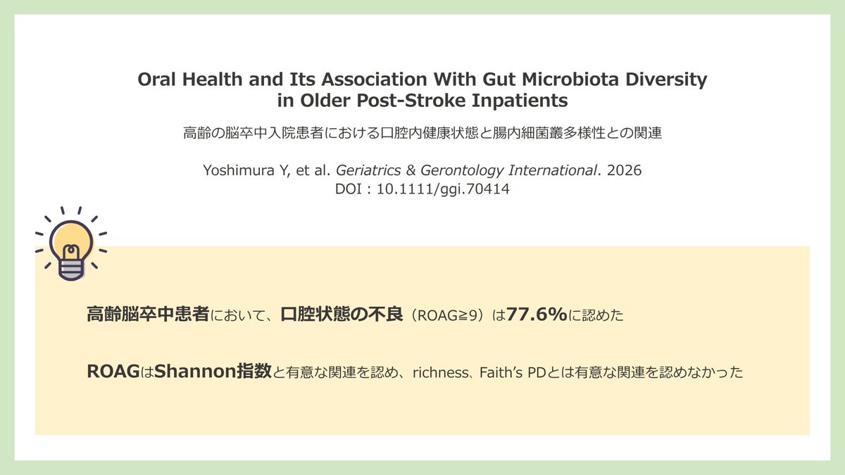 リハ栄養論文紹介

Oral Health and Its Association With Gut Microbiota Diversity in Older Post-Stroke Inpatients

高齢の脳卒中入院患者における口腔内健康状態と腸内細菌叢多様性との関連

Yoshimura Y, et al. Geriatrics &amp; Gerontology International. 2026