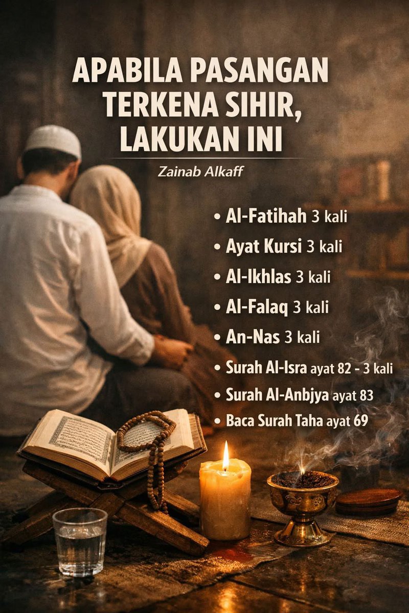 Tuanrajaharimau's tweet photo. APABILA PASANGAN TERKENA SIHIR, LAKUKAN INI
Zainab Alkaff

Antara amalan yang boleh dibaca sebagai ikhtiar dan perlindungan dengan izin Allah:

Bacalah dengan penuh keyakinan, tawakkal dan memohon perlindungan daripada Allah SWT. https://t.co/1J57poIjWL