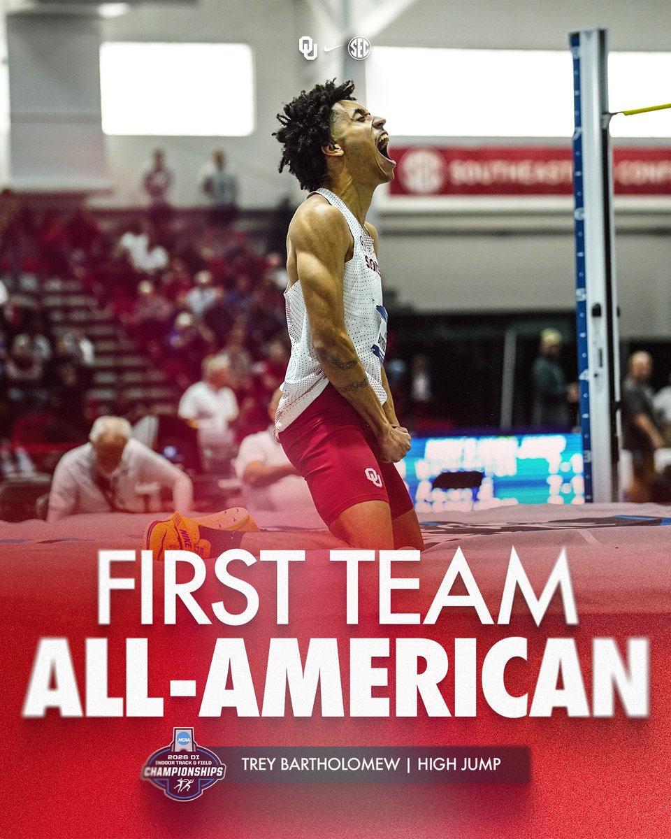 OU_Track's tweet photo. NCAA Indoor Championships | men's high jump ☝️

Trey Bartholomew soars over 2.18m (7'1.75") to place fifth and claim First Team All-America honors! https://t.co/btiVdC5geh