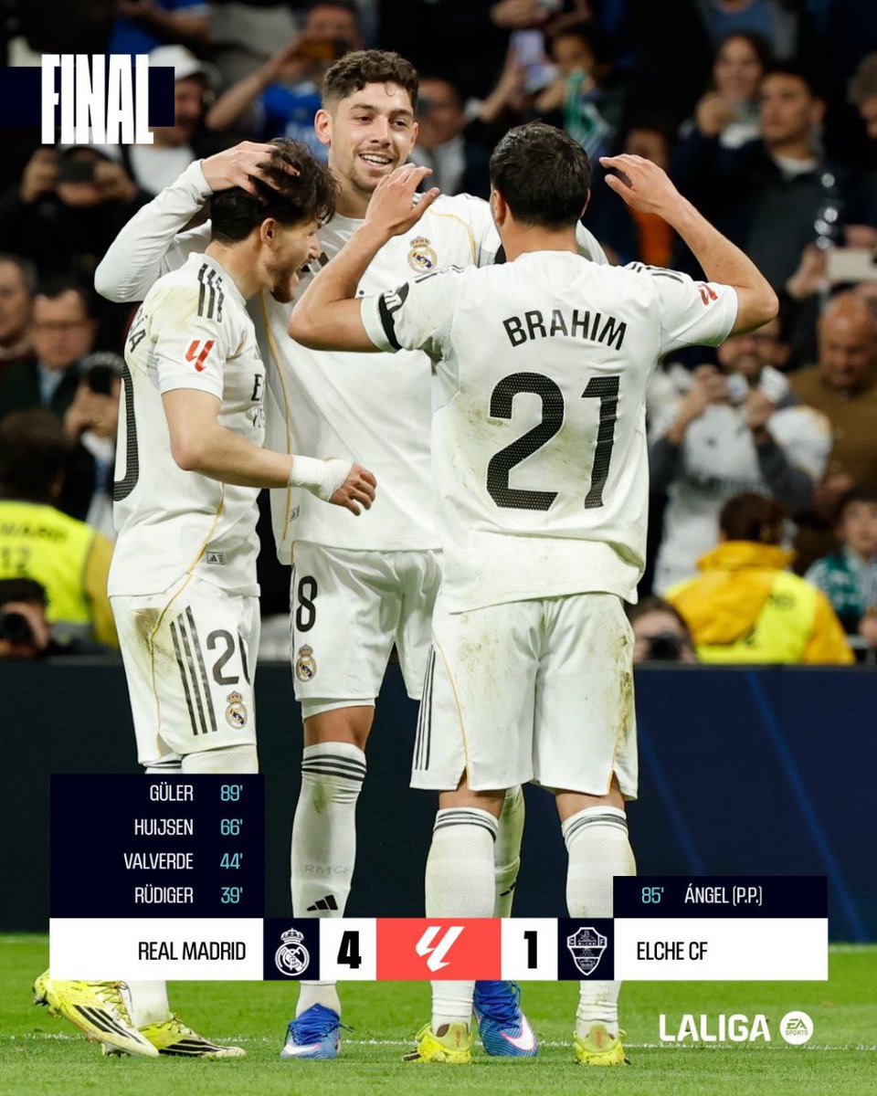 Vortexplore's tweet photo. 🚨🚨 Les Merengues ont maîtrisé la rencontre au Santiago Bernabéu Stadium avec une prestation offensive solide.

📊 Le Real Madrid continue sa bonne dynamique et met la pression sur le FC Barcelona dans la course au titre en La Liga.

🤯 Arda Güler a enflammé le Bernabéu avec un but totalement fou depuis sa moitié de terrain !

#RealMadridElche