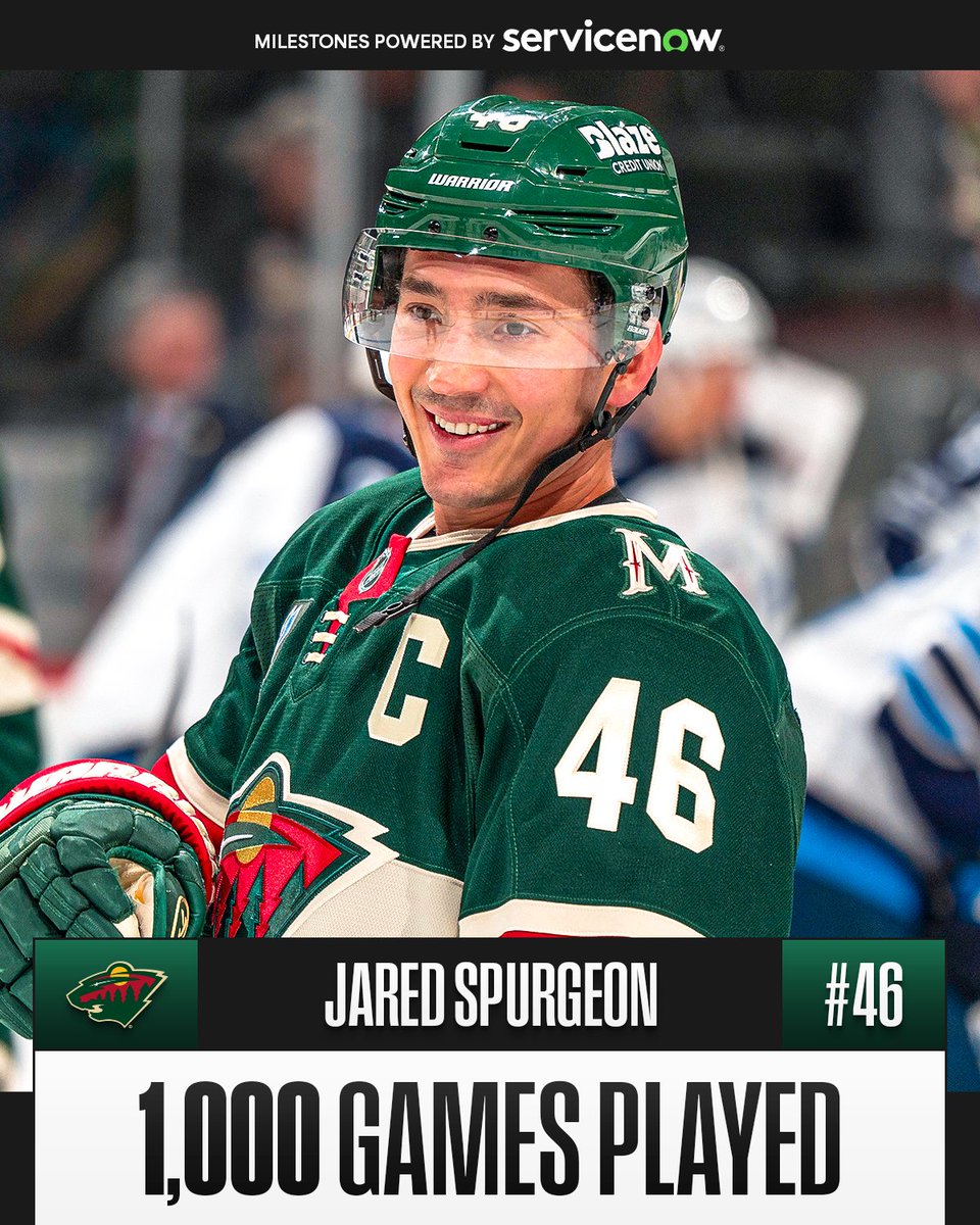 1,000 GAMES FOR THE CAPTAIN 🌲

Jared Spurgeon hits the milestone having played all 1k with the <a href="/mnwild/">Minnesota Wild</a>! 

Presented by <a href="/ServiceNow/">ServiceNow</a>