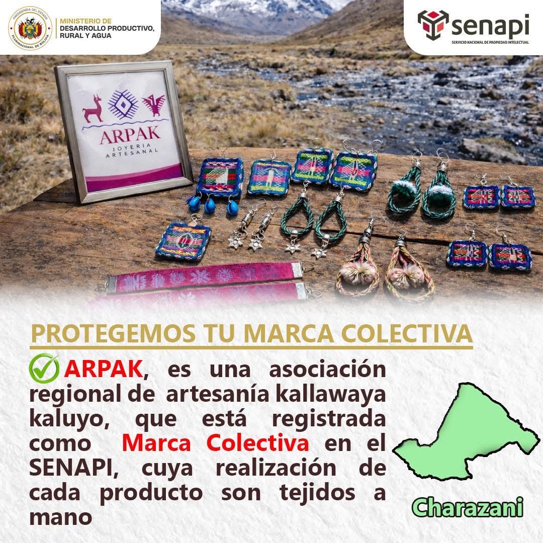🧶🏔️ La Asociación Regional de Productoras de Artesanía Kallawaya Kaluyo (𝗔𝗥𝗣𝗔𝗞), es consolidada como Marca Colectiva, la cual protege su identidad artesanal.

Registra tu Marca Colectiva en el siguiente link: n9.cl/fueww
 📄🌐