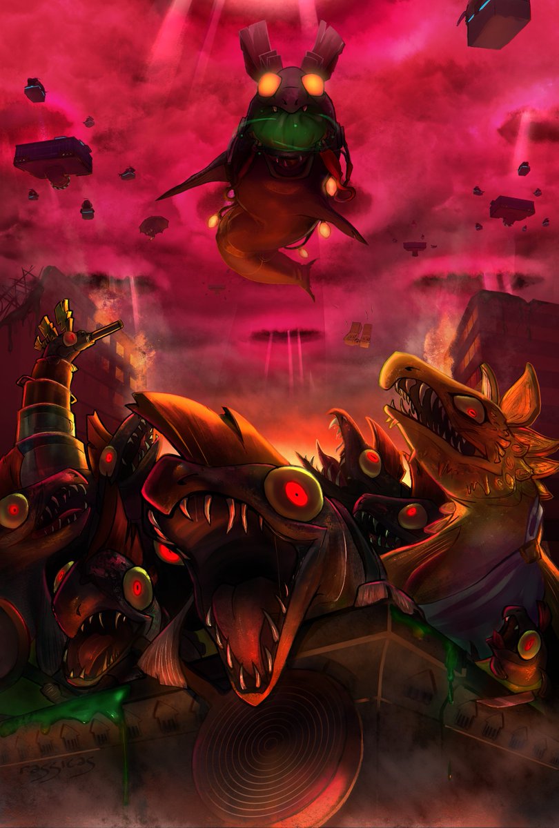 WHEN SMOKE RISES FROM THE SEVEN RINGS 
INKOPOLIS WILL FALL
-
finally gave this piece I did all the way back in 2019 a refresh to make it fitting for splatoon 3 and big run! now with more accurate pink skies and a horrorboros.
(this piece is also available as a print! see replies)