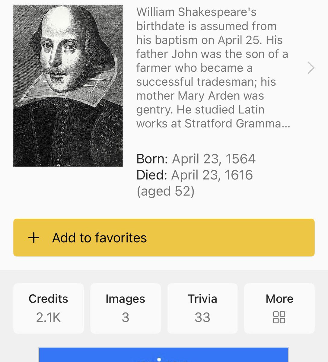 sandycameron's tweet photo. @JohnBrewin_ To be fair Shakespeare has over two thousand IMDb credits https://t.co/J0qRuQPWPM