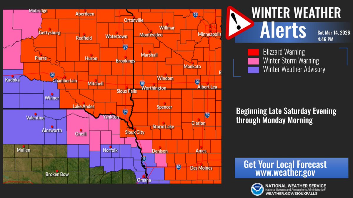 NWSSiouxFalls's tweet photo. Numerous Winter Weather Headlines, including Blizzard Warnings, go into effect late this evening/tonight and continue into Monday. High Wind Warnings are in effect south of I-90 Sunday.

For the latest information, including headline updates, visit https://t.co/Lxd8hVQcFV

3/3 https://t.co/bK53YgLFh8
