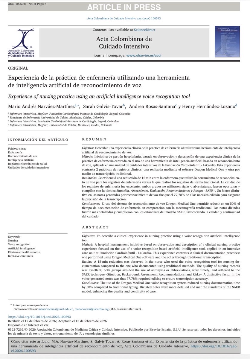 Publicamos en el Acta Colombiana de Cuidado Intensivo <a href="/AMCI_Colombia/">AMCI</a> una experiencia en UCI donde el uso de IA con reconocimiento de voz redujo 50% el tiempo de documentación de enfermería y mejoró la calidad de los registros. <a href="/fcardioinfantil/">Fundación Cardioinfantil - LaCardio</a> 
authors.elsevier.com/a/1mm0Q_2obnJt…