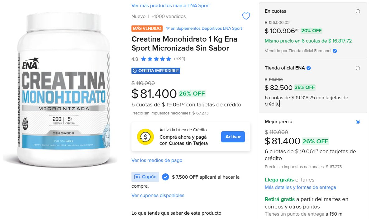 SUPER PRECIO 🔥🔥🔥

Creatina Monohidrato 1 Kg ENA SPORT Micronizada Sin Sabor a $73.900 

Queda a ese precio con los $7.500 de descuento del cupón: SIGUECYBER

meli.la/2VmwibU