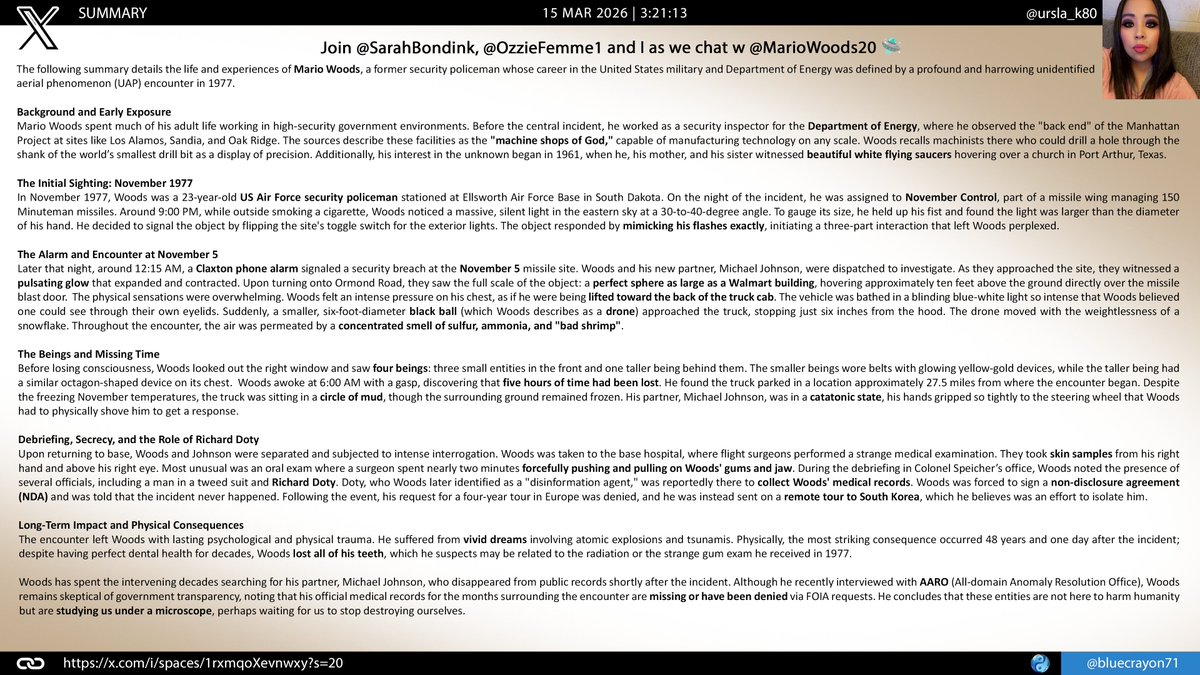 bluecrayon71's tweet photo. Join @SarahBondink, @OzzieFemme1 and I as we chat w @MarioWoods20 🛸 @ursla_k80 (repost)

🔗https://t.co/7JcgUoJz3w

#MarioWoods #EllsworthAFB #1977 #November5 #UAP #UFO #WalmartSizedSphere #BlackDrone #MissingTime #FiveHoursLost #BlueWhiteLight #Stasis #SulfurSmell #FourBeings https://t.co/L0wYW4UAPq