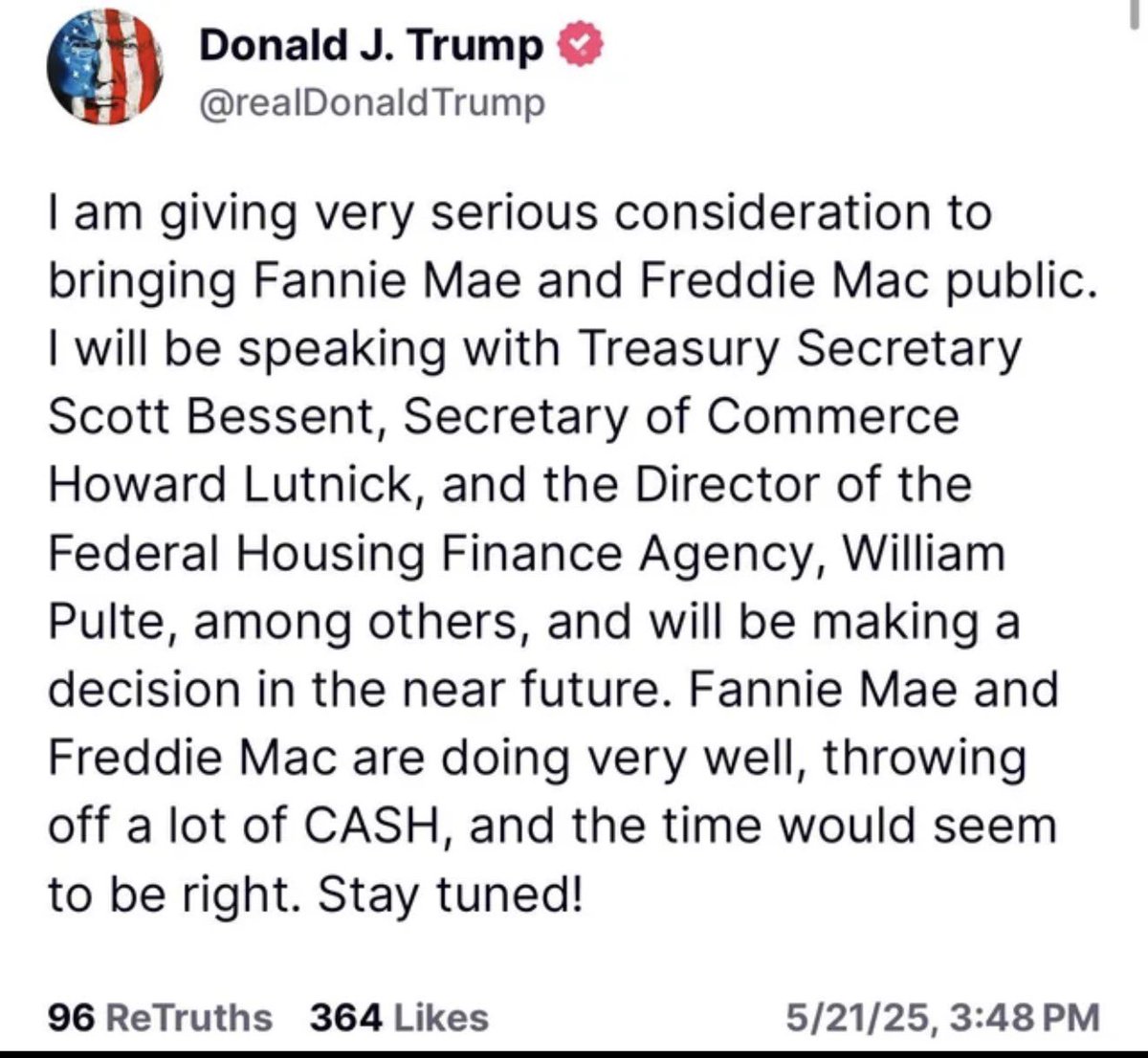 Justice for $FMCC $FNMA <a href="/pulte/">Pulte</a> <a href="/FHFA/">U.S. Federal Housing (FHFA)</a> <a href="/realDonaldTrump/">Donald J. Trump</a> <a href="/SecScottBessent/">Treasury Secretary Scott Bessent</a> <a href="/howardlutnick/">Howard Lutnick</a> <a href="/WhiteHouse/">The White House</a> <a href="/POTUS/">President Donald J. Trump</a>