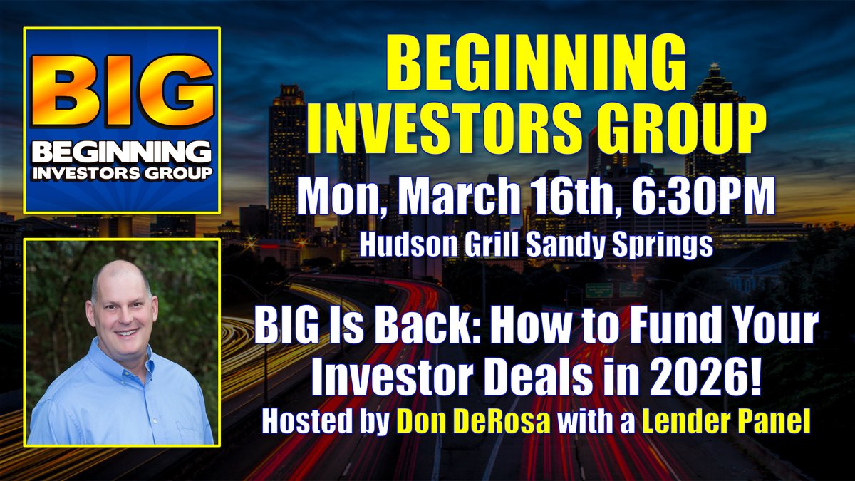AtlantaREIA's tweet photo. The Beginning Investors Group Is BACK LIVE! Come Learn How to Fund Your Investor Deals! - https://t.co/LMxthtr3pM https://t.co/J1C4osubLb