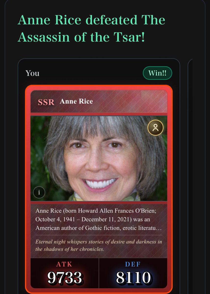 packed Anne Rice from the wikipedia gacha game and she’s so overpowered