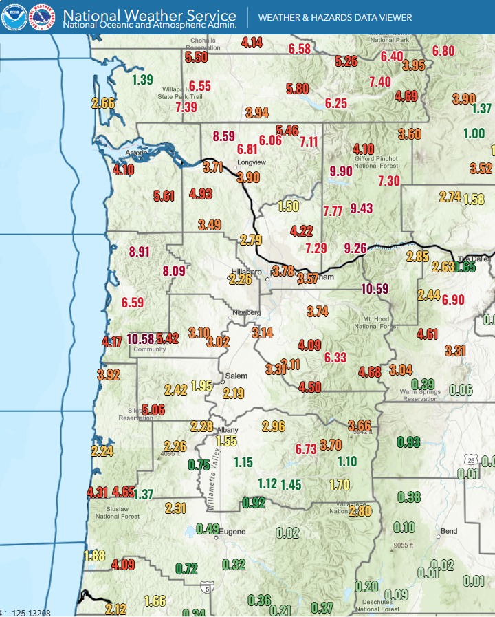 NWSPortland's tweet photo. The sun has returned just in time for the weekend! Here are 72-hour rainfall totals across northwest Oregon and southwest Washington. Much of the Portland metro received an entire month of rainfall in 4 days! (The average March precipitation at PDX is 3.97") https://t.co/Q6jCEzsckY
