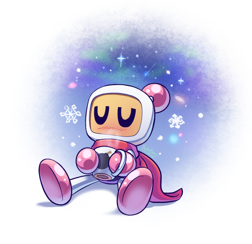 SailorSonicX's tweet photo. Re-sharing some older fanart of Bomberman.  I drew this a few years ago.

Just something wintry of him relaxing and enjoying something warm. @Konami https://t.co/5JL96BeK3D