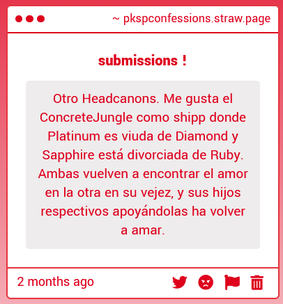 pkspconfessions's tweet photo. Headcanon !

"Another headcanon. I like ConcreteJungle as a ship where Platinum is Diamond's widow and Sapphire is divorced from Ruby. They both find love again in each other in their old age, and their respective children support them in loving again." https://t.co/16Ys9ecW8x