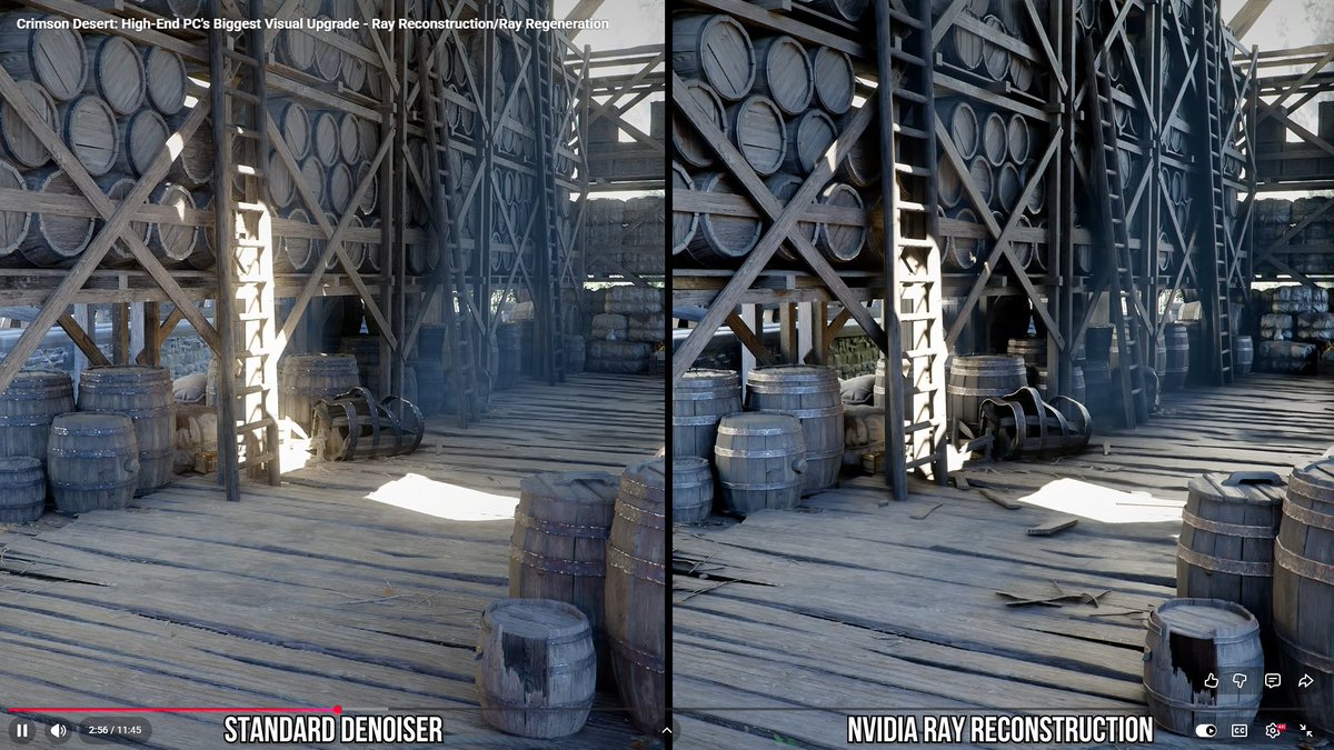 GamerInVoid's tweet image. Crimson Desert apparently has a very big graphical difference between PC and PS5 Pro accordingly to Digital Foundry ! 

This is due to the extensive use of Nvidia Ray Reconstruction and AMD FSR Ray Regeneration on PC ! 

This game will be used for PC benchmarks for years to come