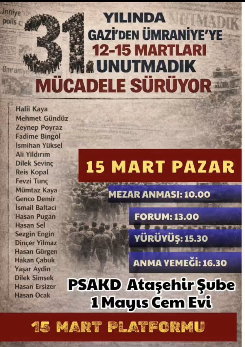 31. Yılında Gazi’den Ümraniye ye mücadele sürüyor!

Yitirdiğimiz canlarımızı anmak için yarın 1 Mayıs mahallesi Cemevinde bir araya geliyoruz!