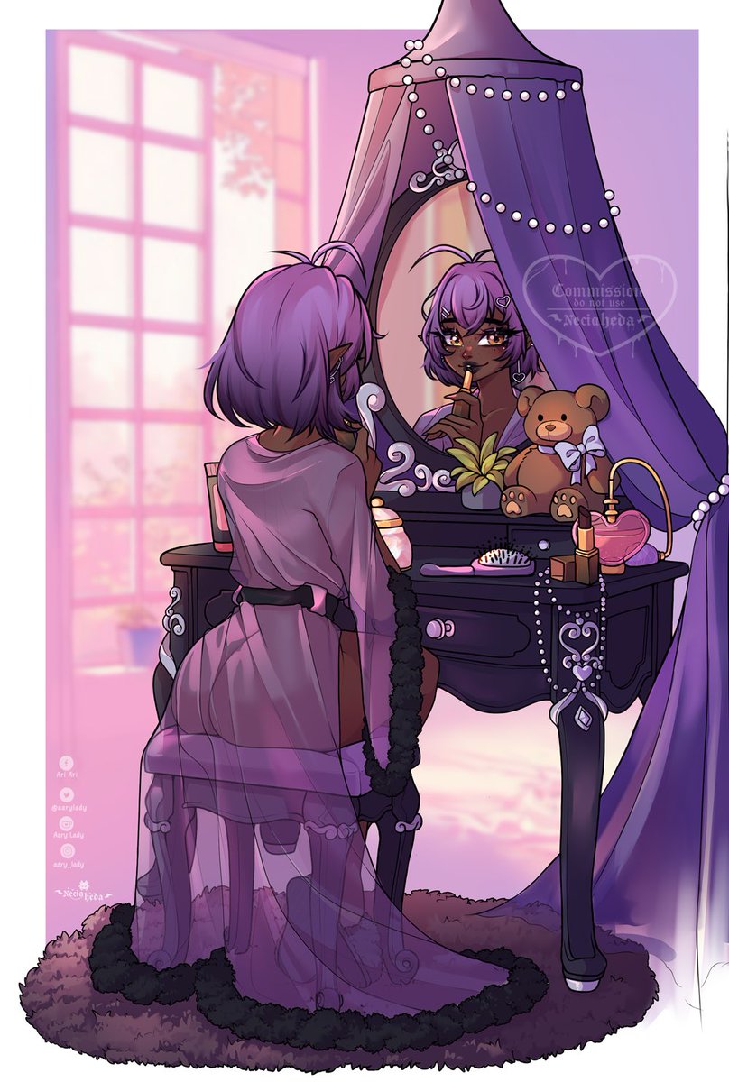 ✨ A quiet moment before the stars call again…

Tyria getting ready, lost in her own thoughts while the universe waits beyond the mirror 🌌💜

Huge thank you to <a href="/NeciaHeda/">Heda 🦇✧ | YCHs on VGen</a> for this absolutely stunning piece! I’m in love with all the cozy details ✨

#Vtuber #TyriaArt