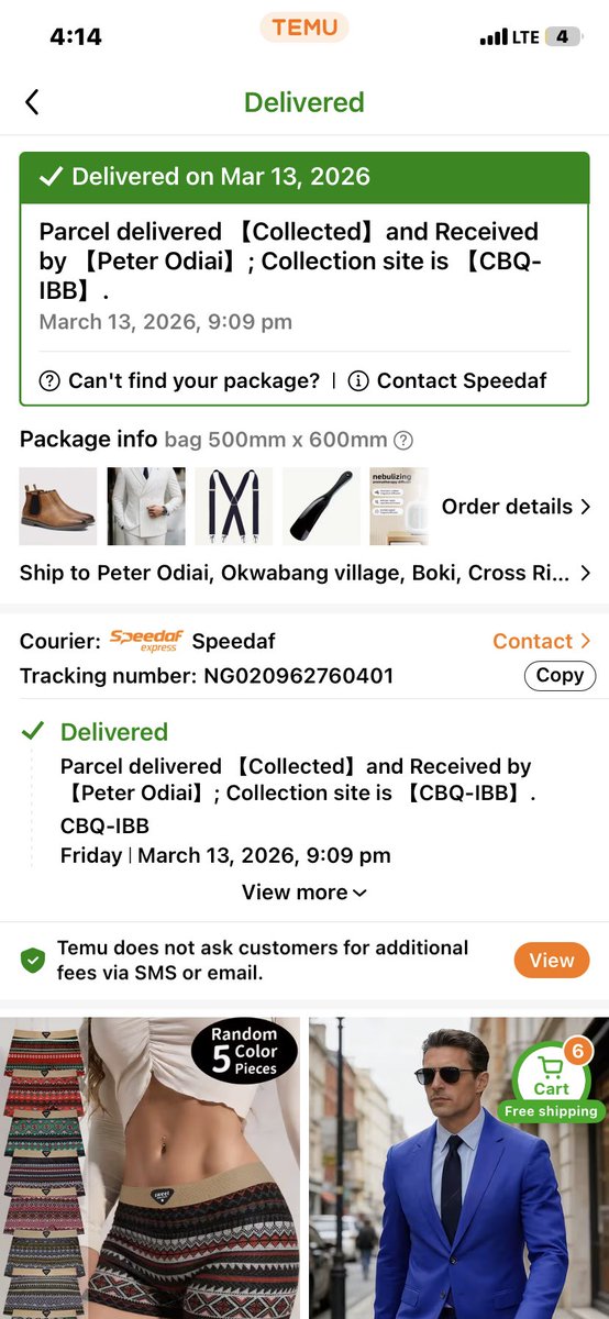 DeebigRock's tweet photo. @shoptemu @Officialspeedaf I am yet to get my package yet your app says it has been delivered to me. Please kindly verify https://t.co/YvmXFUHajh