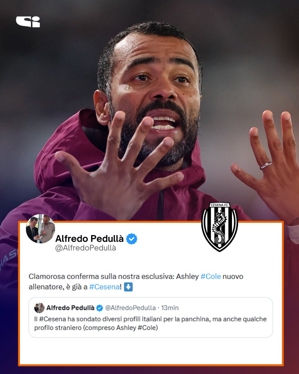 tvdellosport's tweet photo. 🚨𝐄𝐒𝐂𝐋𝐔𝐒𝐈𝐕𝐀: 𝐀𝐒𝐇𝐋𝐄𝐘 𝐂𝐎𝐋𝐄 𝐍𝐔𝐎𝐕𝐎 𝐀𝐋𝐋𝐄𝐍𝐀𝐓𝐎𝐑𝐄 𝐃𝐄𝐋 #𝐂𝐄𝐒𝐄𝐍𝐀‼️

Come riportato da @AlfredoPedulla , dopo l’esonero di Michele #Mignani il Cesena ha scelto Ashley #Cole come nuovo allenatore. L’ex giocatore del Chelsea è già in città. https://t.co/qFLXe1LSWT