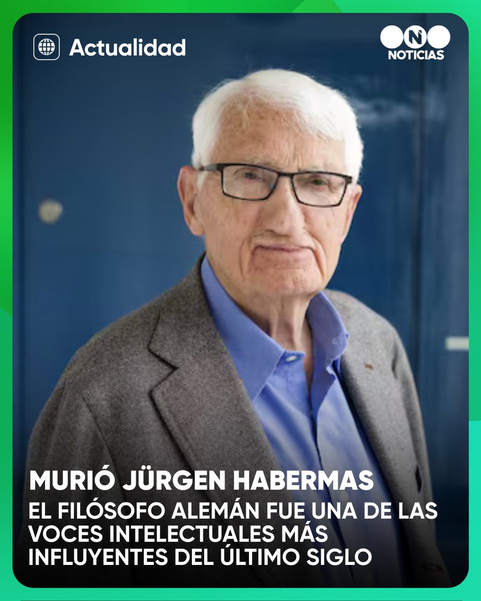 telefecordoba's tweet image. 🕊️ Murió el filósofo alemán Jürgen Habermas, una de las figuras más influyentes del pensamiento contemporáneo. Tenía 96 años y falleció en la ciudad de Starnberg, según informó la revista Der Spiegel citando a la editorial Suhrkamp Verlag.
#TelefeCórdoba #Habermas #Filosofía