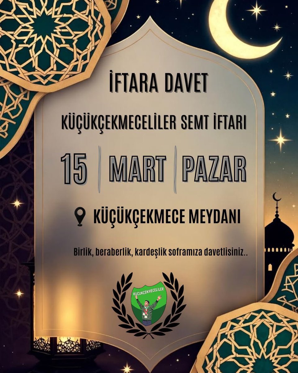 “Birlik, beraberlik, kardeşlik soframıza davetlisiniz.” 🤝✨

📍 Yer: Küçükçekmece Meydanı
📅 Tarih: 15 Mart Pazar
⏳ Vakit: İftar Saati