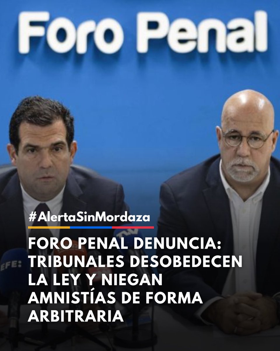 #AlertaSinMordaza 🚨

La ONG Foro Penal alertó sobre una grave irregularidad sistémica: los tribunales venezolanos han comenzado a rechazar masivamente las solicitudes de amnistía a personas que, según la ley vigente, cumplen claramente con todos los requisitos para ser