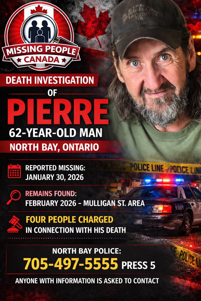 Missing_CA's tweet image. 🔗 Full story: missingpeople.ca/four-charged-w… 

🧭 FOUR CHARGED WITH FIRST-DEGREE MURDER IN NORTH BAY, ONTARIO DEATH INVESTIGATION – VICTIM IDENTIFIED AS PIERRE, 62 

📍 #NorthBay #ON #Ontario