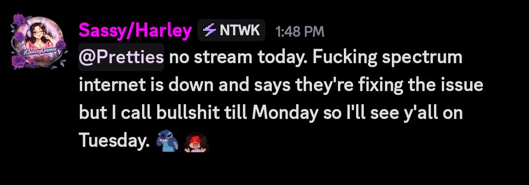 LilSassyGamer's tweet image. I'm so sorry my Pretties, I wasn't expecting this outage today since winds won't happen again till tomorrow... I'll see y'all Tuesday hopefully.
#twitchtv #twitchaffliate #spectrumoutage #nointernet
