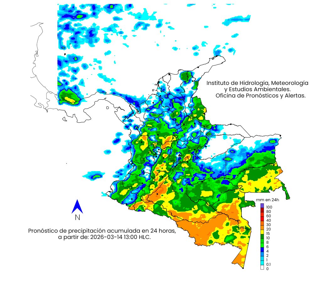 Durante las próximas horas sobre el territorio nacional se estima abundante nubosidad con probables lluvias de variada intensidad en sectores puntuales de las regiones Pacífica, Andina, Orinoquia y Amazonia.
Los mayores acumulados de precipitación con lluvias entre moderadas y
