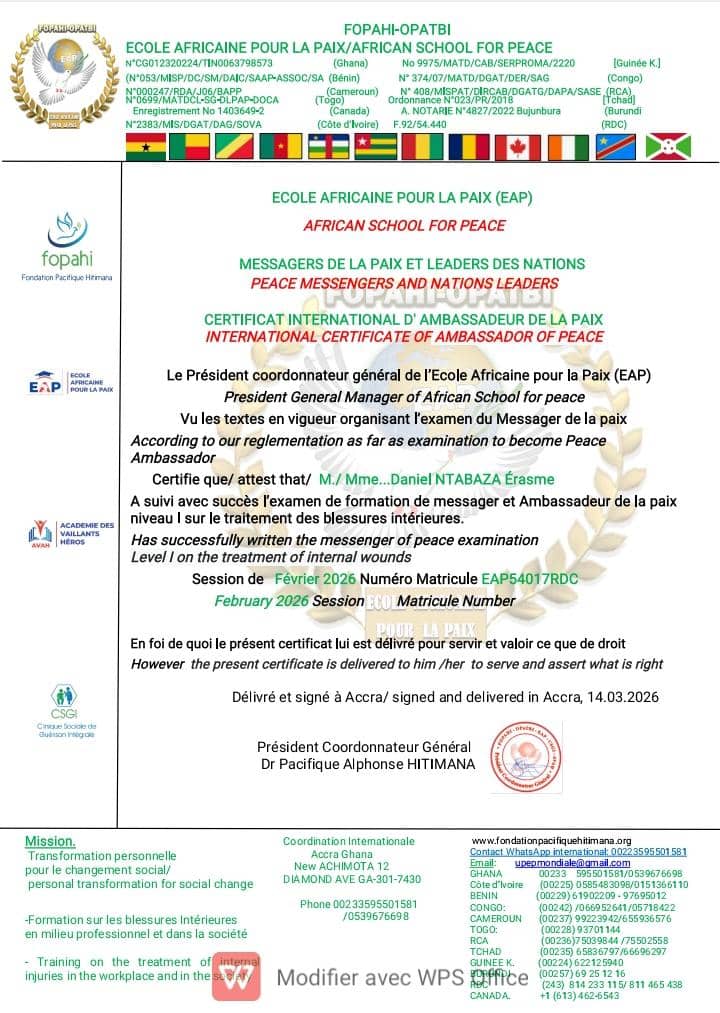 shabiri_patrick's tweet photo. Certification des ambassadeurs de la paix certifié par l'Ecole Africaine pour la Paix RDC ce dimanche 29 Mars 2026. https://t.co/ldXIGwsaWz