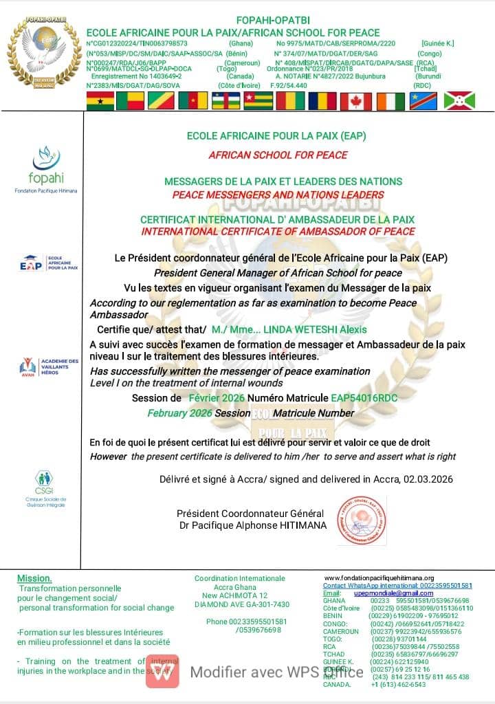 shabiri_patrick's tweet photo. Certification des ambassadeurs de la paix certifié par l'Ecole Africaine pour la Paix RDC ce dimanche 29 Mars 2026. https://t.co/ldXIGwsaWz
