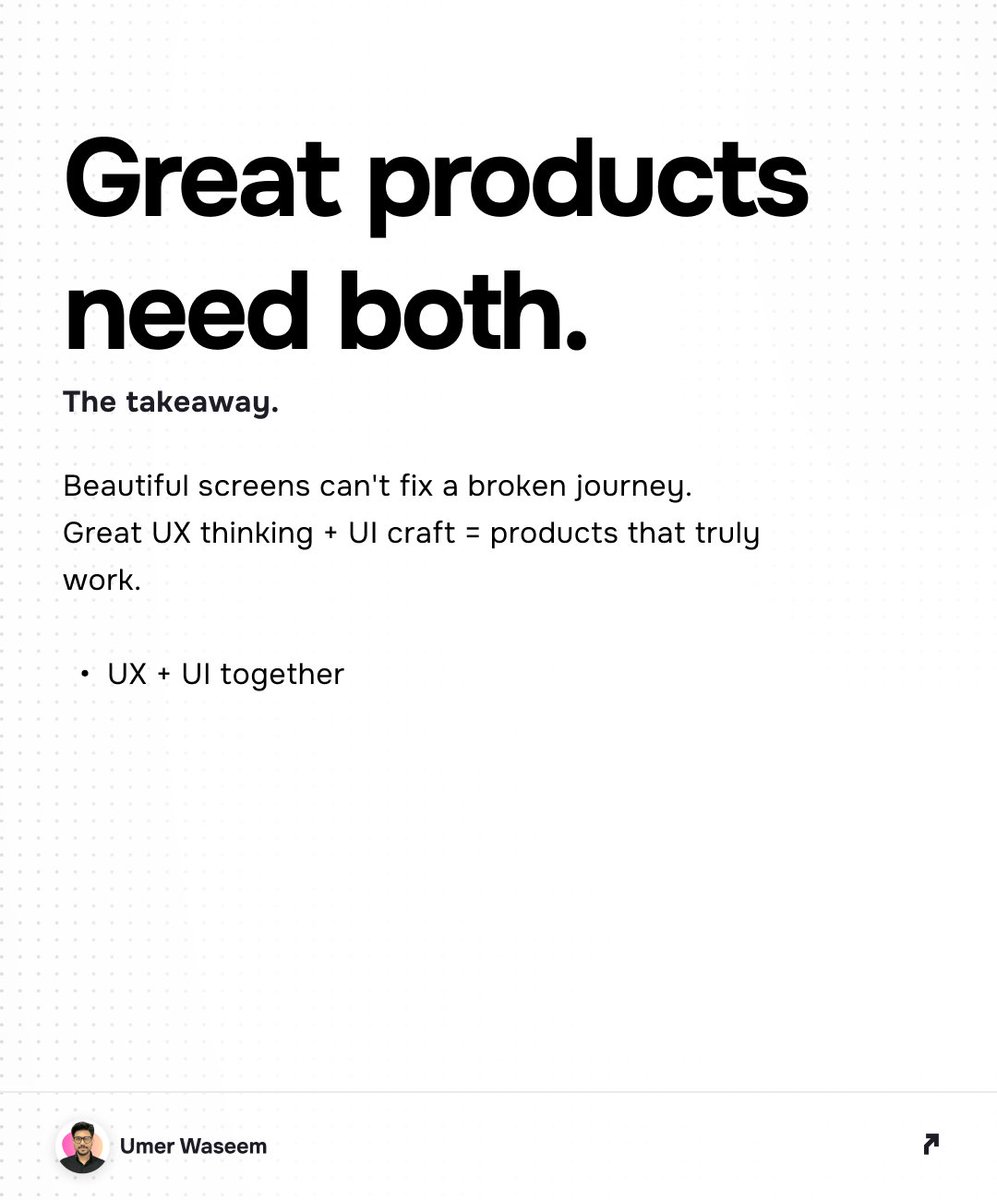 umerwaseeem's tweet photo. Great products fail when UX and UI work in silos. 
One shapes the journey, the other brings it to life. 
You need both not one pretending to be the other. https://t.co/BIFeUsVfpn