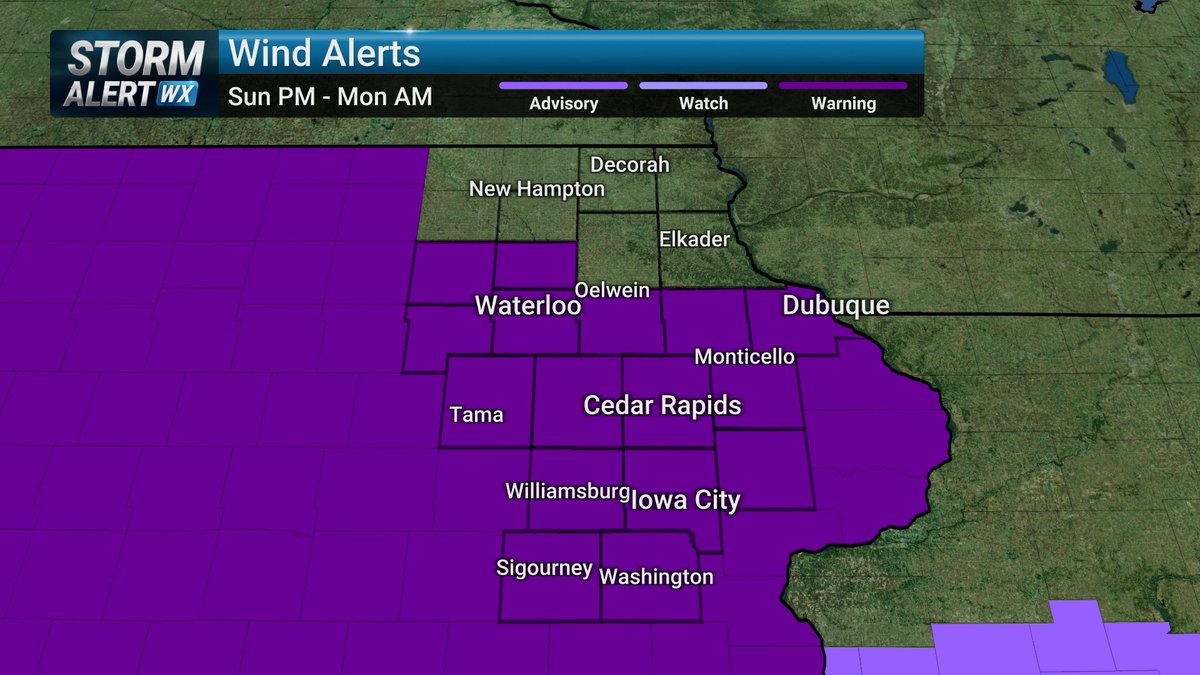 KWWL's tweet photo. 1:30 PM update: the BLIZZARD WARNING and HIGH WIND WARNING  have been pushed out to the rest of the area. There are all sorts of different start/stop times... essentially Sunday afternoon through Monday will be bad with the wind. 2-8" of snow expected for the viewing area. https://t.co/B0IOVvPMdO