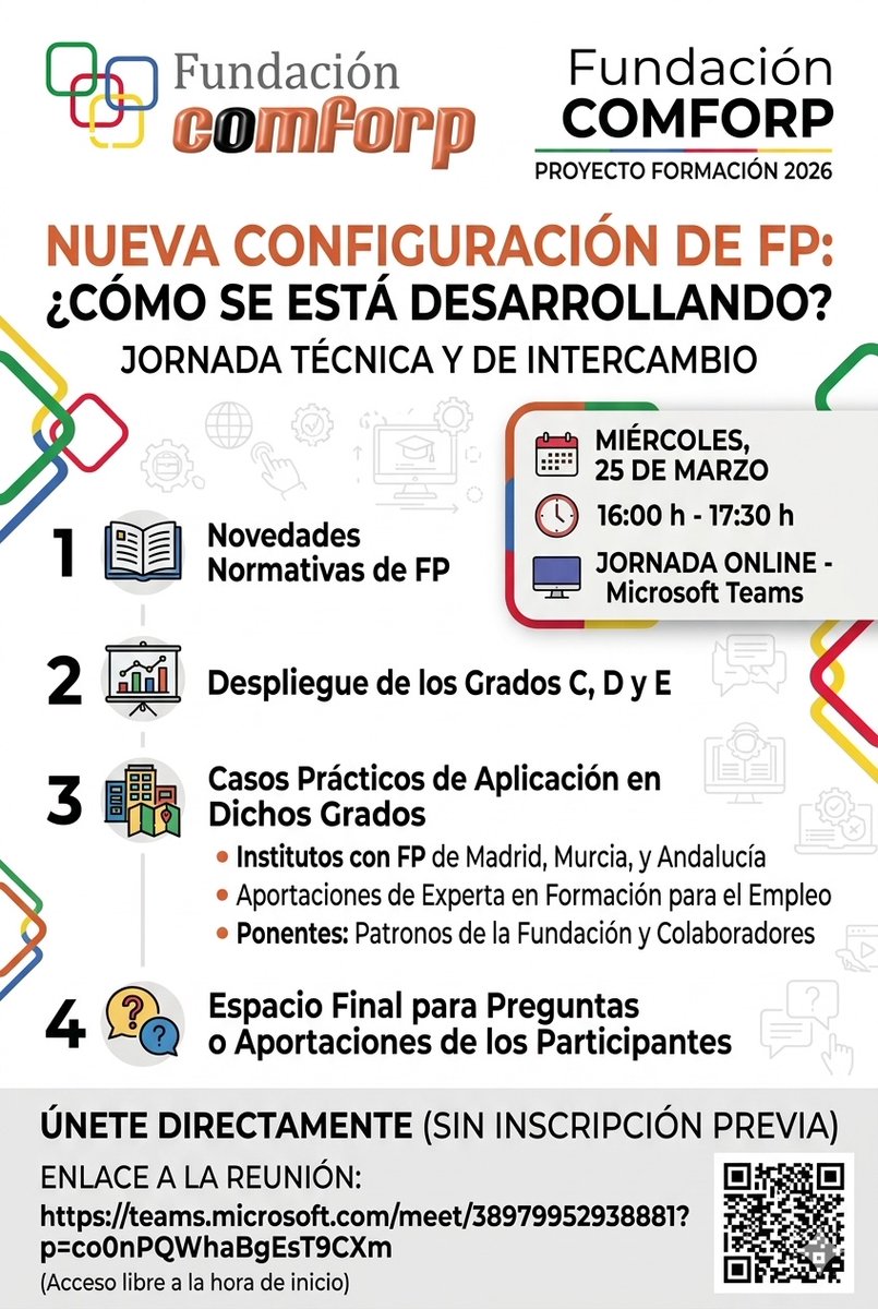 🚨 ¡Nueva Jornada COMFORP!  Nueva configuración de #FormaciónProfesional: ¿Cómo se está desarrollando?  ¡Con espacio para debatir tus dudas!

HOY - Miércoles 25 de marzo

👉 Info y acceso: comforp.org/proyectos/form…

#FP #COMFORP #Educación