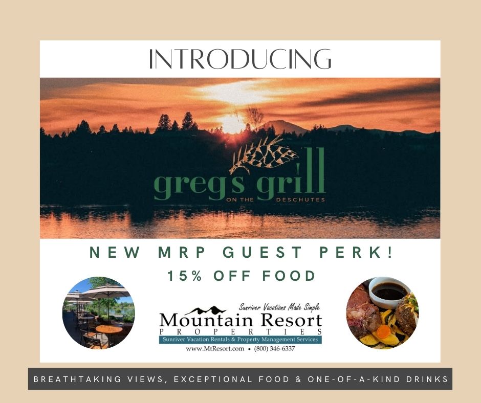 MtResortDotCom's tweet photo. 🎉 NEW MRP GUEST PERK! 

Staying with us just got even tastier. Our guests now enjoy 15% OFF food at Greg's Grill — one of Central Oregon's favorite spots for great food and relaxing river views. https://t.co/r7Hs4OXlzw