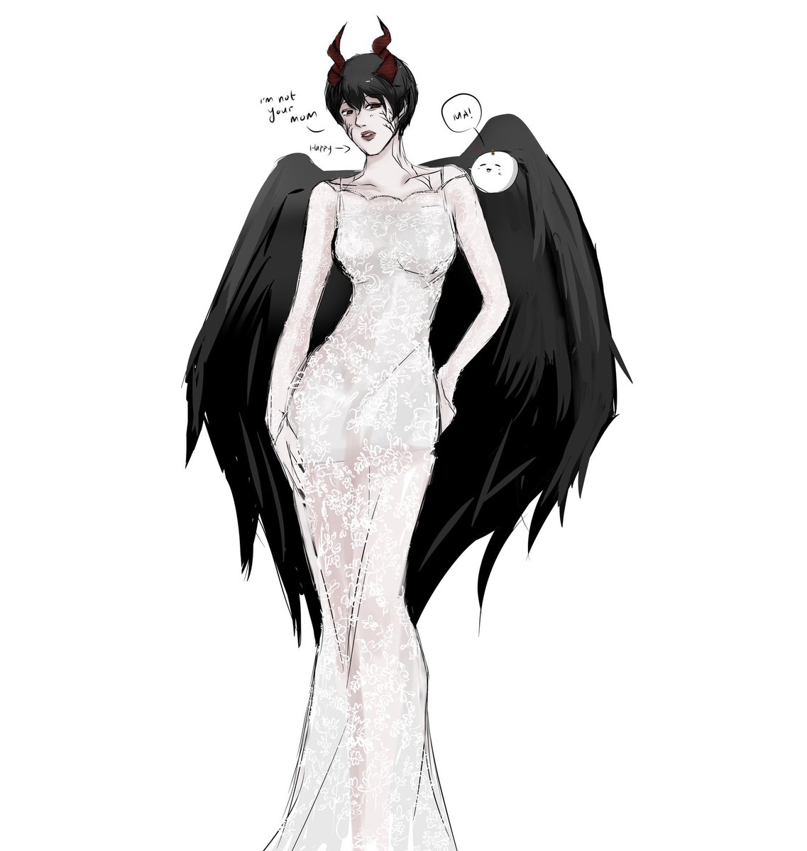 Mama Femdkos in white brocade dress + her daughter