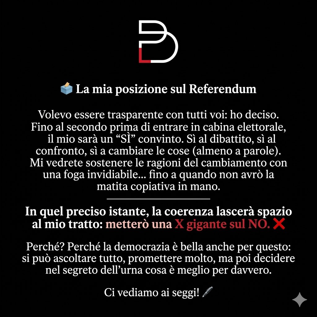 Bajrak's tweet photo. Fino al secondo prima di entrare in cabina elettorale, il mio sarà un "SÌ" convinto. #Sì al dibattito, sì al confronto, sì a cambiare le cose. Mi vedrete sostenere le ragioni del cambiamento con una foga invidiabile... fino a quando non avrò la #matita copiativa in mano. https://t.co/Q5suopwi9O