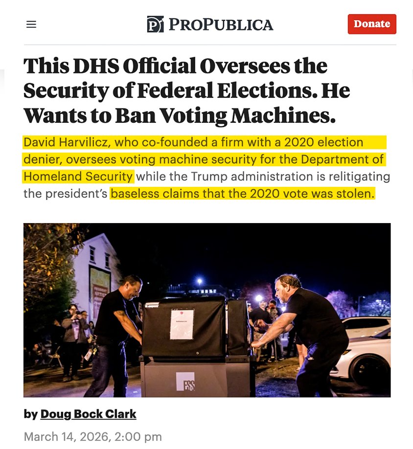 MaxFlugrath's tweet photo. NEW: The Dept. of Homeland Security official overseeing election security helped advance efforts to seize voting machines after Trump’s 2020 loss.

Now he’s working with election deniers inside DHS.

@ProPublica is connecting alarming dots in Trump’s 2026 election takeover plot. https://t.co/9xFoldoHtd